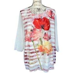 ARTW All‎ Over Floral Poppy Watercolor Striped Blouse Textured Round Neck Artsy